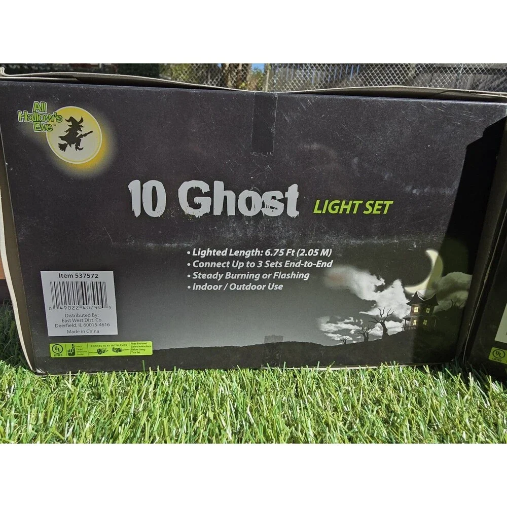 Lot Of 2 Sets All Hallow's Eve 10 White Ghost String Light Set Plug In NIB Rare